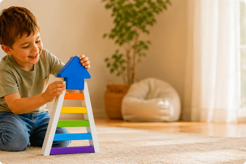 Child playing with colorful building blocks