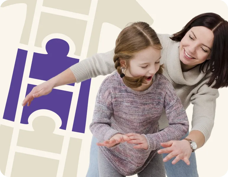 Mom and girl playing basketball together