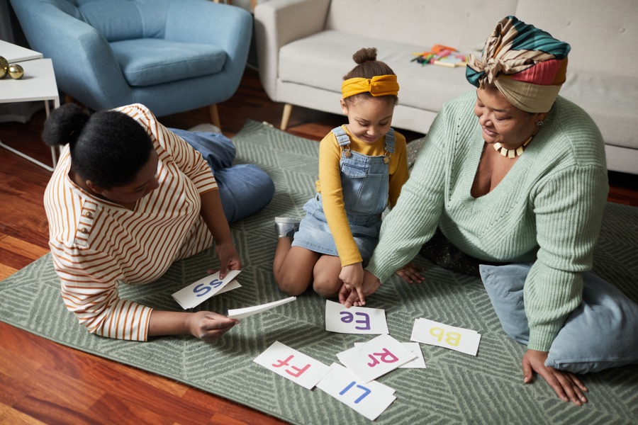 A family learning together at home