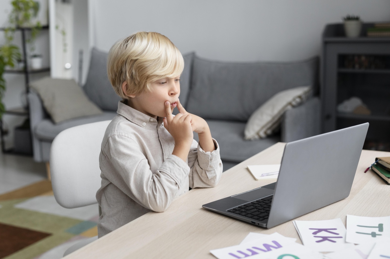 A young boy in an online speech therapy session