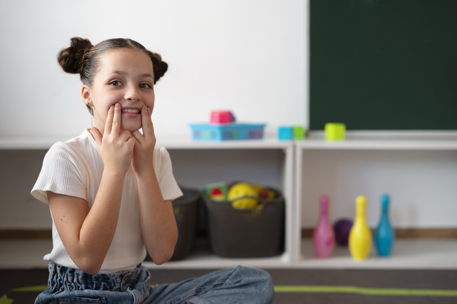 A girl doing speech therapy at a clinic
