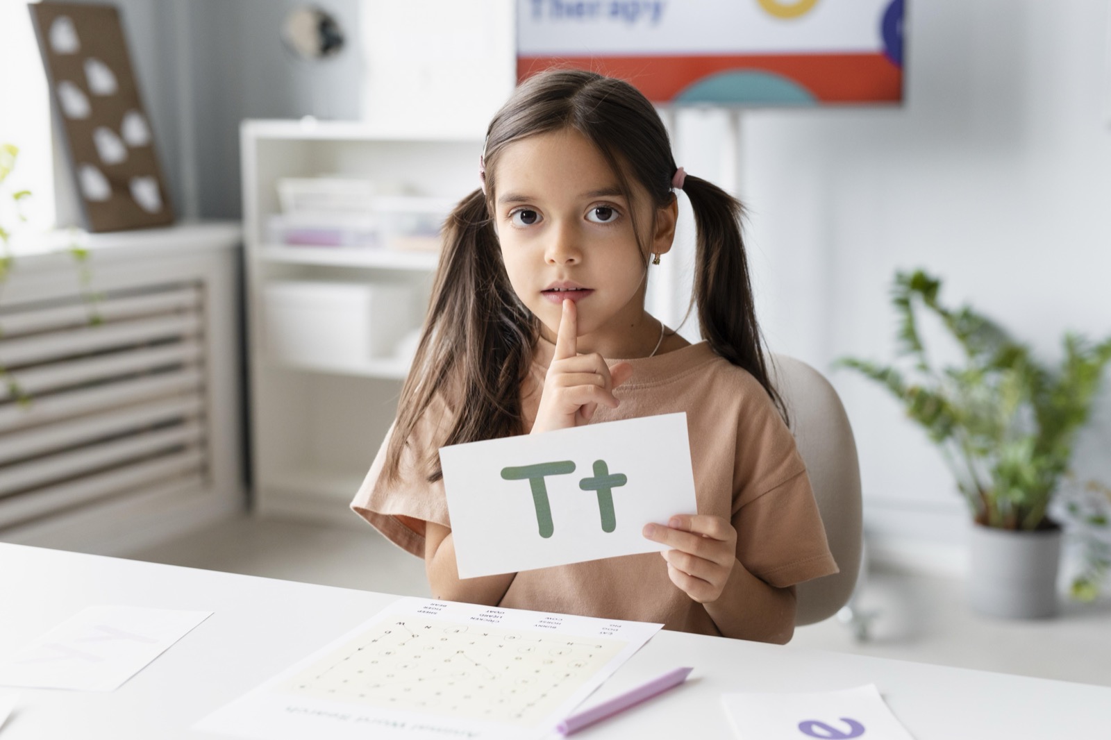A girl holding a letter card during speech therapy
