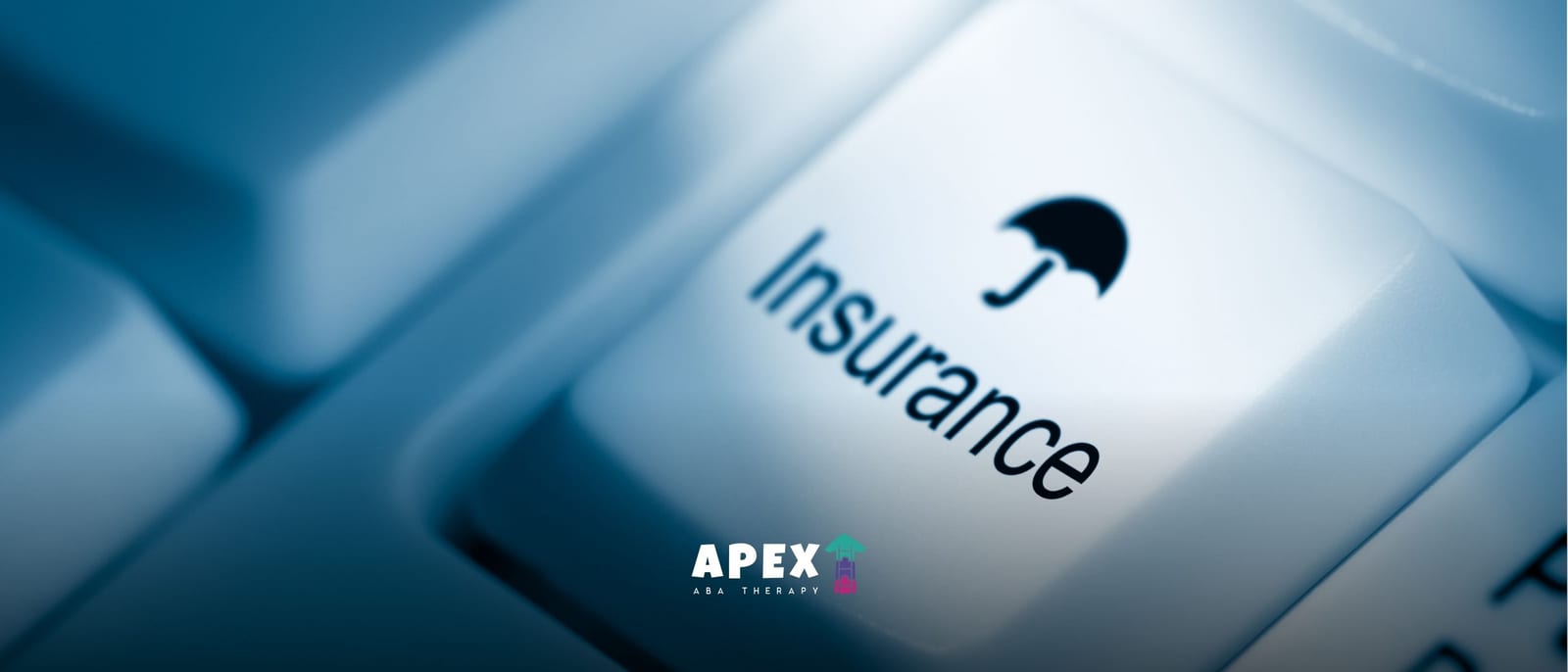 A close-up of a white computer keyboard key labeled with the word Insurance and an umbrella icon, with the Apex ABA Therapy logo visible below it.