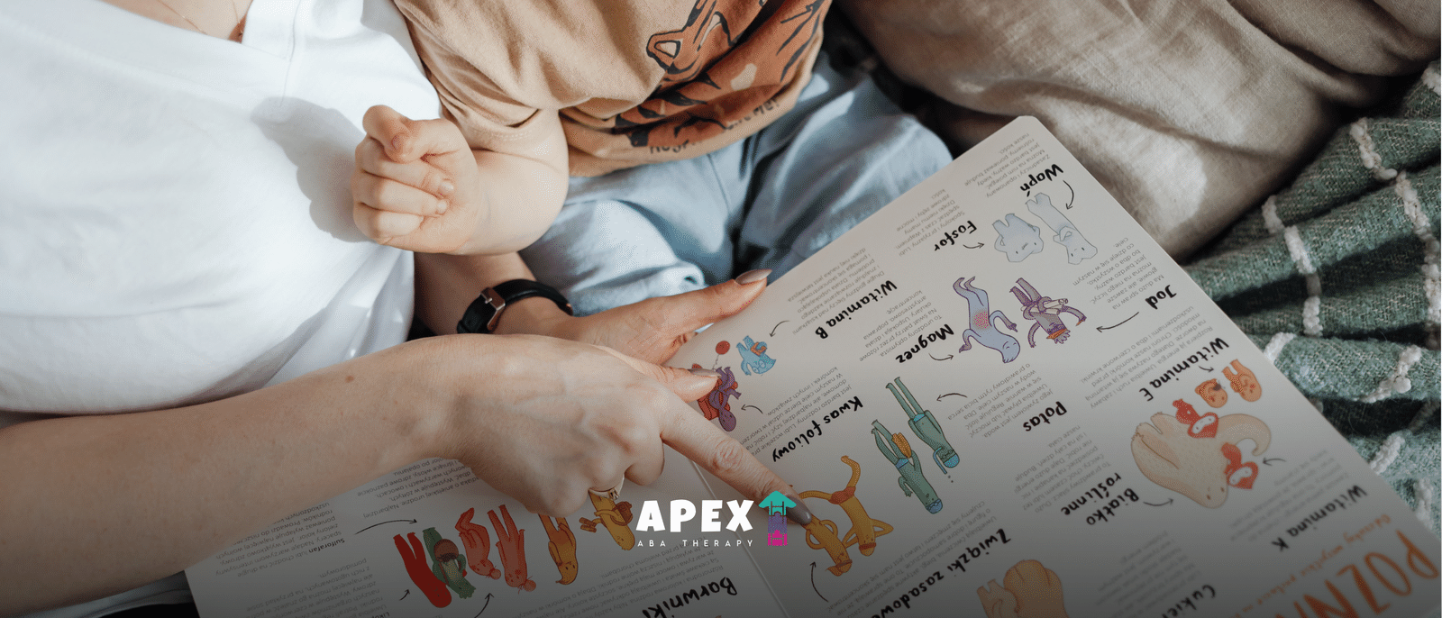 Adult pointing at an illustrated page while reading a picture book with a young child.